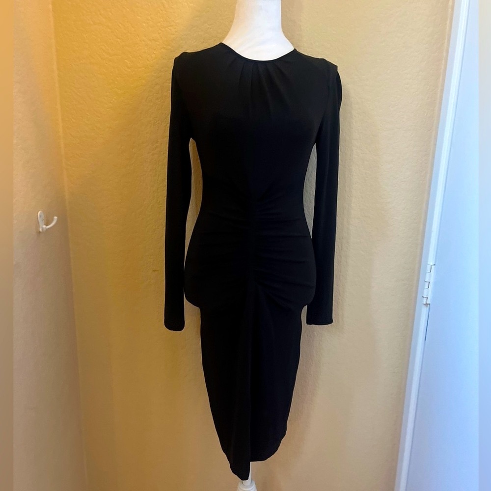 Unique Mango Fitted Ruched Long Sleeve Little Black Dress LBD